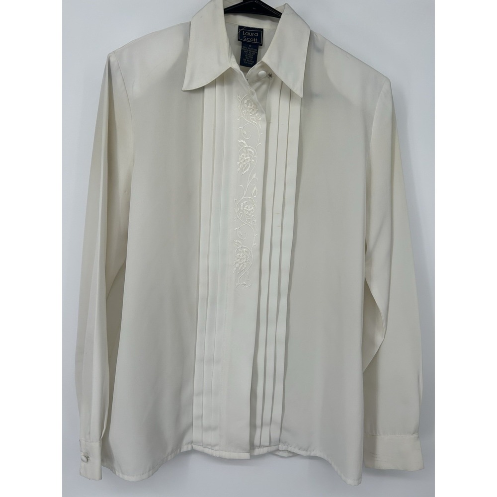 VTG Laura Scott Blouse Sz 8 Ivory Lace Embroidered Collar Pleated Button Front